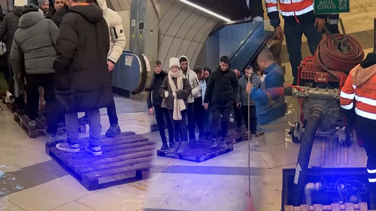 Küçükçekmece’de metrobüs durağı alt geçidini su bastı: Vatandaşlar paletlerin üzerinde resmen parkur yaptı!